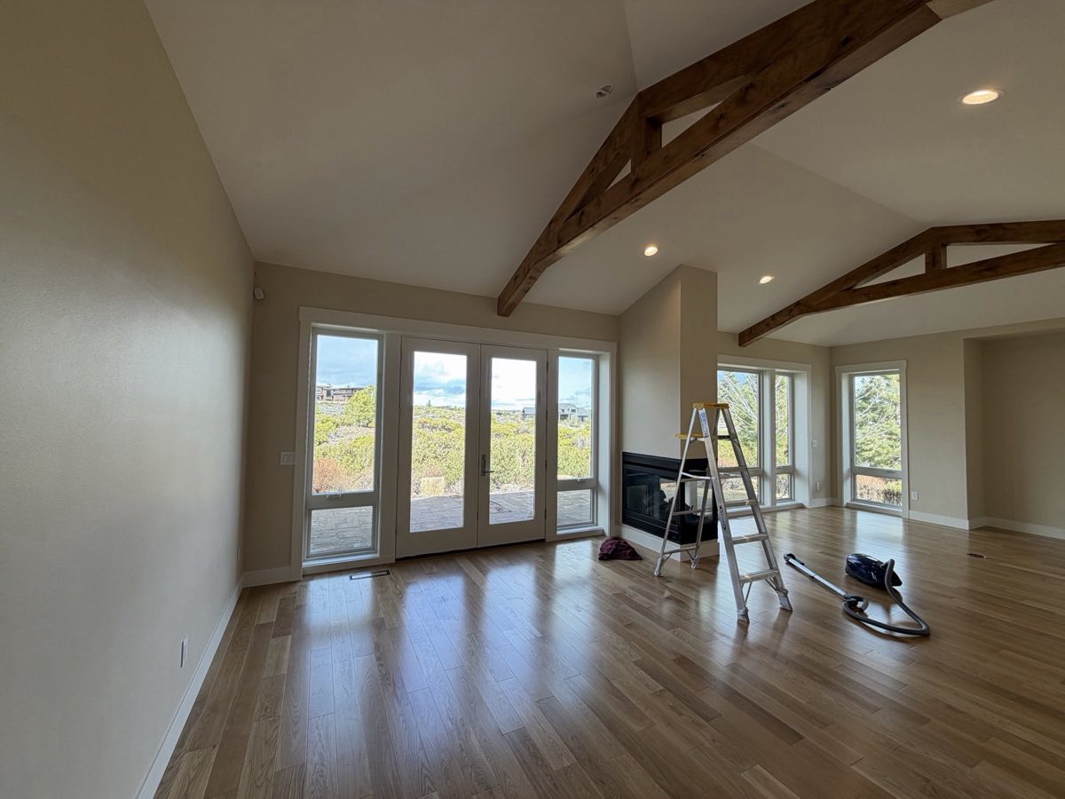 Vaulted great room with exposed beams, freshly painted by Keystone Painting LLC in Central Oregon